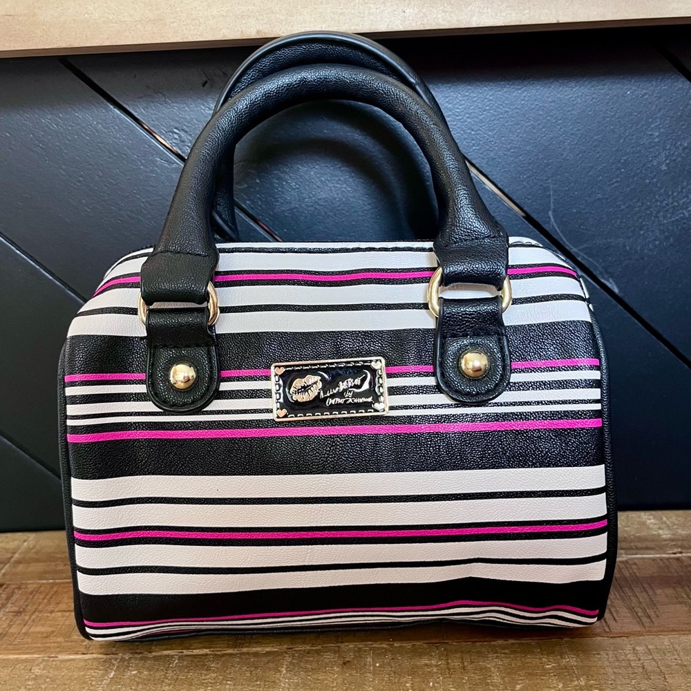 Betsey Johnson Black and Pink Striped Mini Handbag the Luv Betsey collection